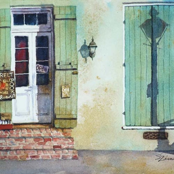 New Orleans French Quarter historic architecture, book store, watercolor art print