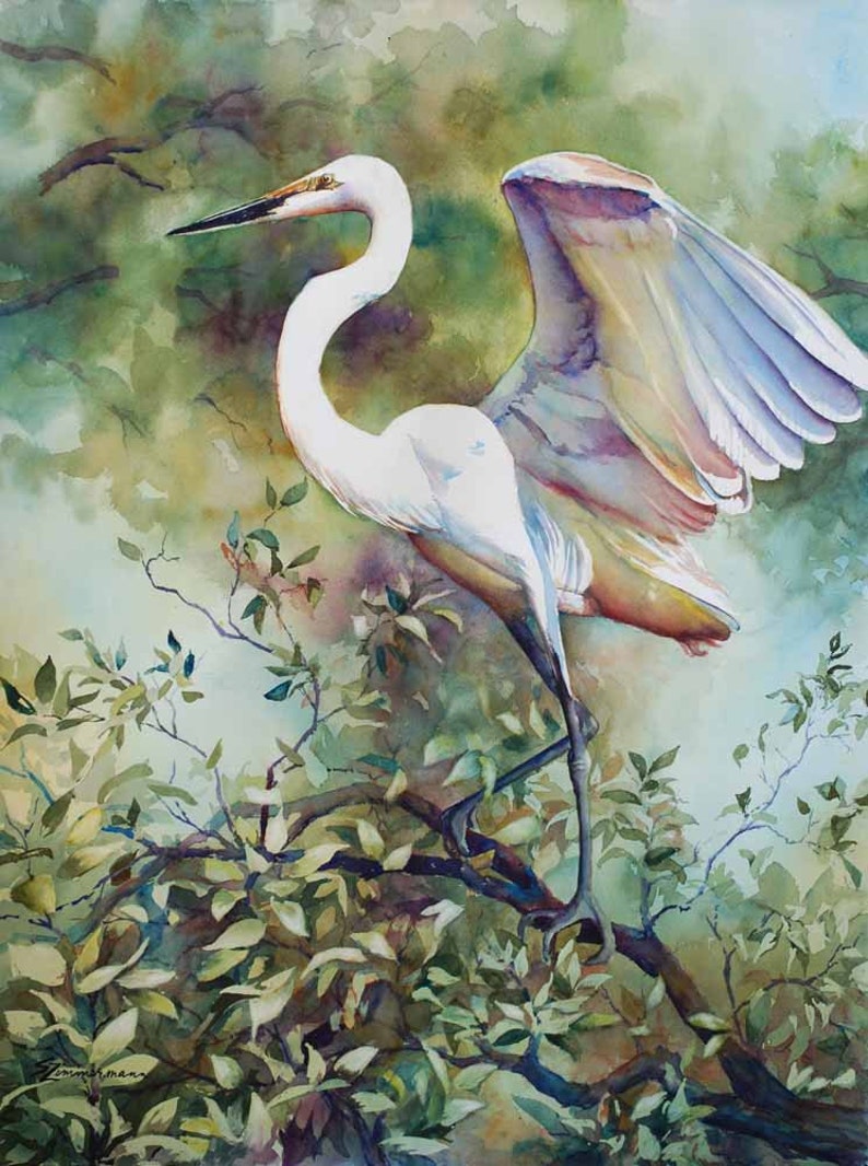 Great egret, white marsh bird, heron, watercolor art print image 1