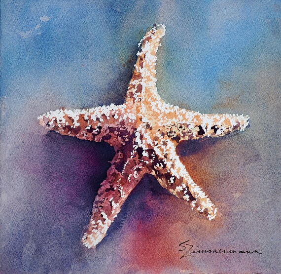 Star fish, shell, coastal art, original watercolor painting