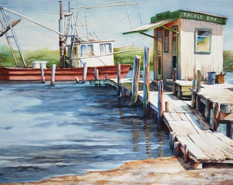 Shrimp boat, fishing dock nautical Louisiana landscape watercolor art print