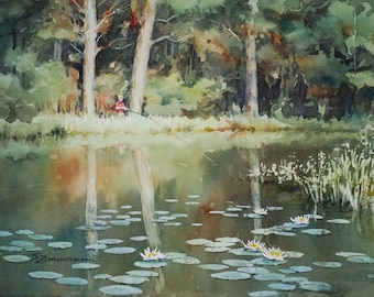 Boy fishing in a pond with lilypads watercolor print