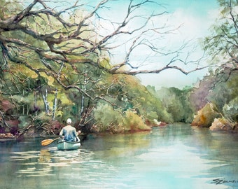 Paddling down river in a canoe, watercolor art print