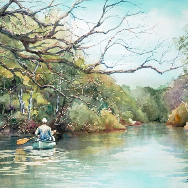 Paddling down river in a canoe, watercolor art print