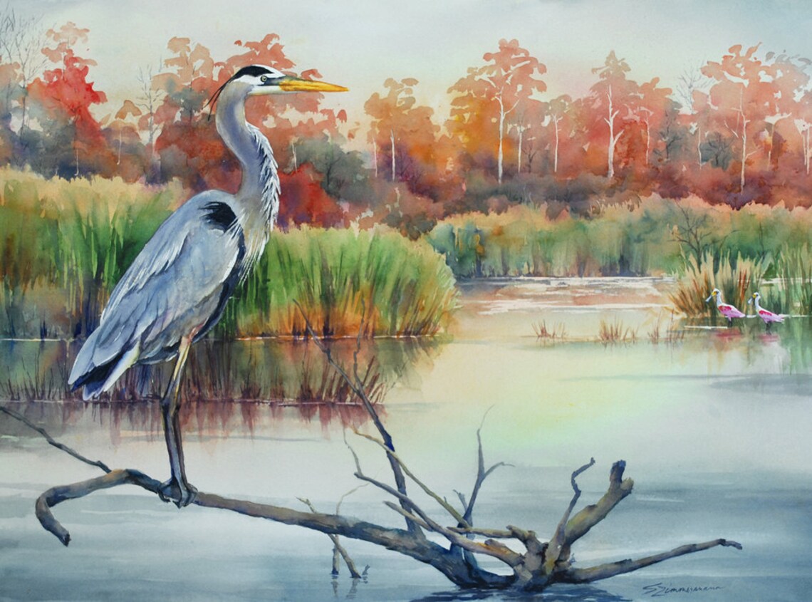 Great Blue Heron Louisiana Marsh Bird Watercolor Art Print Etsy