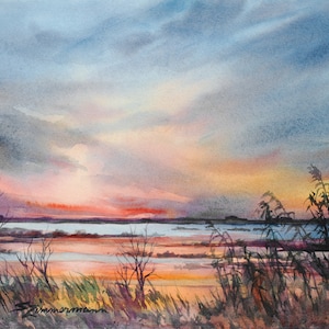 Sunset over the marsh, watercolor print