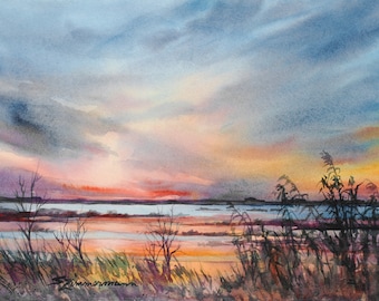 Sunset over the marsh, watercolor print