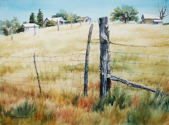 Field of Gold, original watercolor painting, rural landscape