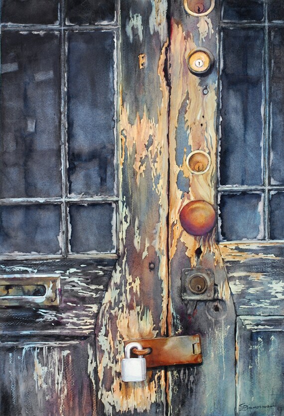 Weathered Old Wooden Door With Locks Watercolor Art Print Etsy