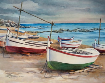 Beach marina, original watercolor painting, nautical landscape