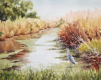 Sabine Wildlife refuge, marsh scene, blue heron, watercolor print