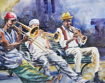 New Orleans street musicians, jazz, brass band watercolor art print