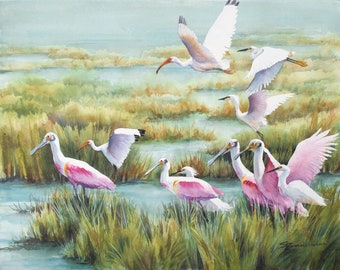 Roseate spoonbills, egrets, ibis, in the Louisiana marsh landscape print