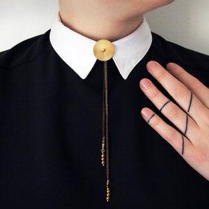 Circle Bolo Tie | TROLLOP Small Gold Bolo Tie, Brass Necklace, Adjustable, Unisex Jewelry, Art Deco Bolo, Vintage Bolo