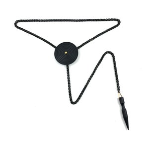 Black Bolo Tie | NOIRE Bolo Tie Necklace, Circle Pendant, Spike Necklace, Black Lariat Necklace, Adjustable Jewelry, Unisex Necklace