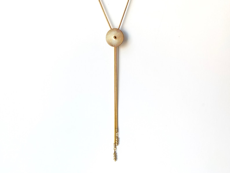 Small Gold Bolo TROLLOP Gold Bolo Tie, Brass Medallion Necklace, Adjustable, Unisex Jewelry, Art Deco Bolo, Vintage Bolo, Western Bolo Tie image 3