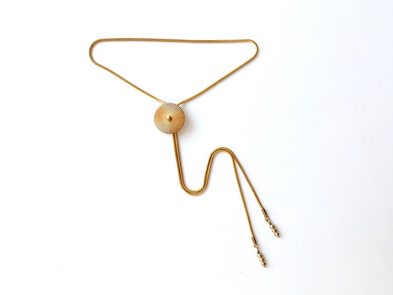 Small Gold Bolo TROLLOP Gold Bolo Tie, Brass Medallion Necklace, Adjustable, Unisex Jewelry, Art Deco Bolo, Vintage Bolo, Western Bolo Tie image 1