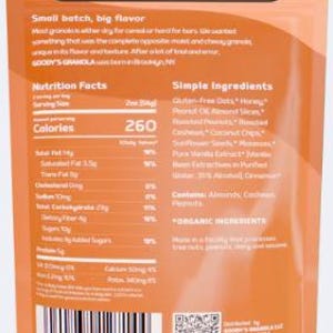 K&ouml;nnte beinhalten: Nahaufnahme eines Beutels Goody's Granola mit dem Text "THE SNACK YOU DIDN'T KNOW YOU WERE WAITING FOR!". Der Beutel ist orange und wei&szlig; mit N&auml;hrwertangaben und Zutaten.