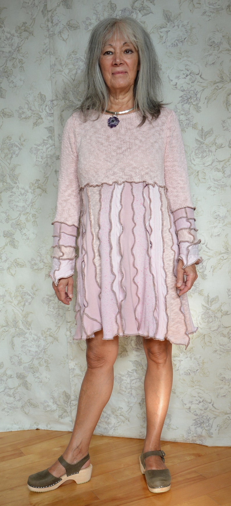 recycled fashion Peony- Soft pink cotton dress upcycled sweater Small