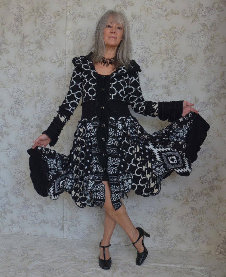 Upcycled sweater coat One of a Kind Recycled fashion Laridae- Katwise inspired Festival coat