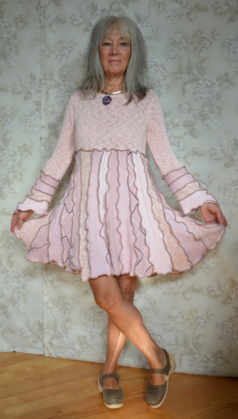 recycled fashion Peony- Soft pink cotton dress upcycled sweater Small
