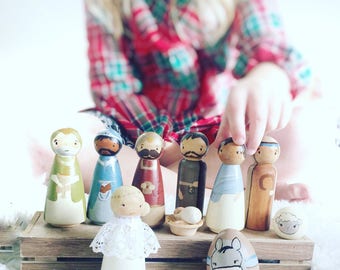 Wooden Nativity Set / 11 piece Large Wooden Nativity Scene / Peg Dolls / Peg Doll / Christmas Decoration