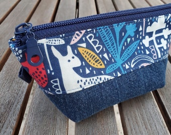 Upcycled Denim Zipper Pouch, Folktime Animals & Reclaimed Denim Tiny Open Wide Pouch