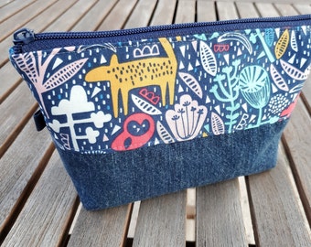 Upcycled Denim Zipper Pouch, Folktime Animals & Reclaimed Denim Small Open Wide Pouch