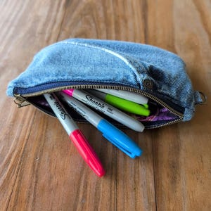 Jeans Pencil Case, Upcycled Denim Pencil Pouch, Reclaimed Denim Curved Bottom Zip Pouch with Shadow Pocket, Bag Organizer Pouch, Flat Pouch