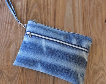 Double Zip Upcycled Jeans Clutch, Recycled Blue Denim Flat Pouch Wristlet, Removable Strap