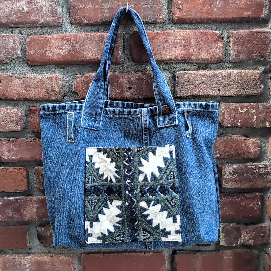 Upcycled Denim Tote Bag: Handmade Jean Book Bag With Patch Pockets
