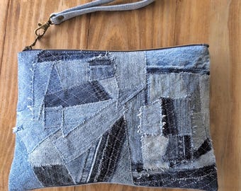 Upcycled Denim Clutch: Frayed Edge Jeans Wristlet, Boho Streetwear Bag