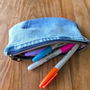 Upcycled Denim Pencil Pouch, Reclaimed Denim Curved Bottom Zip Pouch with Shadow Pocket, Jeans Pencil Case, Bag Organizer Pouch, Flat Pouch