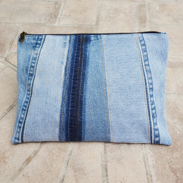 Pieced Denim Clutch, Unisex Flat Pouch, Organizer Bag, Upcycled Denim Pouch Gold Topstitching