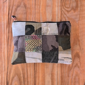 Upcycled Patchwork Pouch: Camo Denim Sequin Clutch