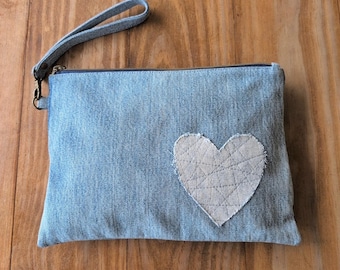 Upcycled Denim Wristlet Pouch: Handmade Jeans Clutch with Heart
