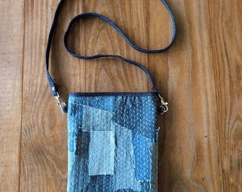 Handmade Boro Denim Crossbody Bag: Upcycled Jeans, Sashiko Embroidery