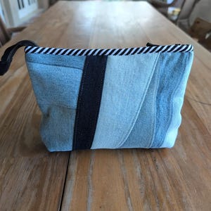 Light Wash Upcycled Jeans Pouch, Zippered Patchwork Denim Clutch with Striped Trim, Boxy Bottom Roomy Pouch, Organizer Pouch