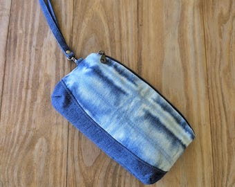 Upcycled Shibori Denim Wristlet Clutch: Reclaimed Clematis Bag
