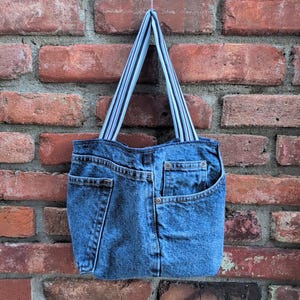 Chunky Small Lined Denim Tote Bag, Upcycled Blue Jeans Small Book Bag, Multiple Jeans Pockets Small Tote Bag