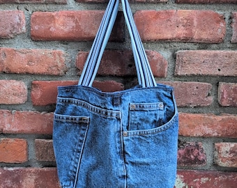 Upcycled Denim Tote Bag: Small Lined Book Bag with Jeans Pockets