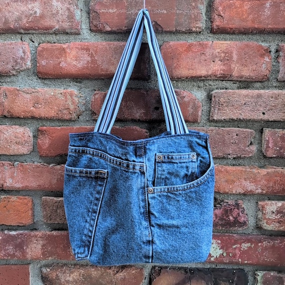 Upcycled Denim Tote Bag: Small Lined Book Bag with Jeans Pockets