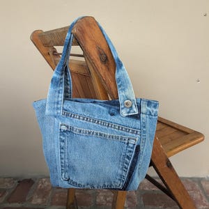 Upcycled Light Wash Denim Tote Bag, Blue Jeans Small Book Bag, Jeans Pockets Tote Bag, Reclaimed Denim Handbag