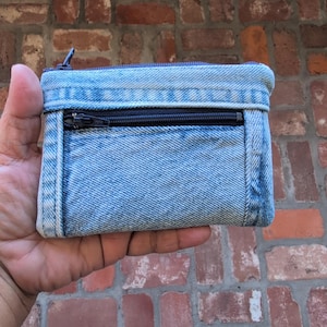 Minibolso con cremallera de vaqueros reciclados, cartera de mezclilla reciclada hecha a mano, tarjetero, tarjetero, billetera minimalista
