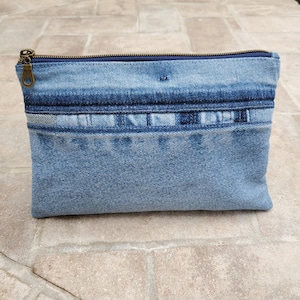 Recycled Patchwork Jeans Zippered Flat Pouch, Upcycled Denim Medium Pouch, Organizer Pouch, Casual Bag