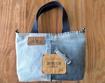 Upcycled Denim Tote Bag with Zipper and Labels Detailing