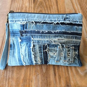 Upcycled Raw Edge Denim Wristlet, Casual Denim Bag, Streetwear Pieced Denim Bag, Casual Statement Clutch, Flat Large Pouch