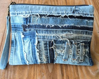 Upcycled Raw Edge Denim Wristlet: Pieced Streetwear Clutch