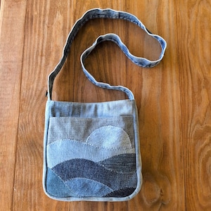 Upcycled Jeans Shoulder Bag, Soft Structured Denim Bag with Reclaimed Waistband Strap, Boho Reclaimed Jeans Bag with Slip Pocket