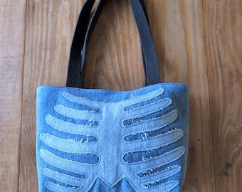 Upcycled Denim Ribcage Tote Bag: Halloween Lined Book Bag
