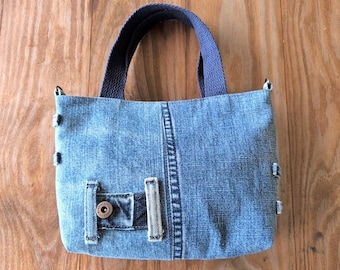 Upcycled Denim Tote Bag with Zipper and Belt Loop Detailing